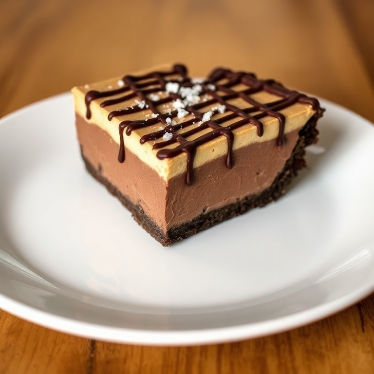 A perfectly sliced no-bake chocolate peanut butter pie with chocolate drizzle and a sprinkle of sea salt.