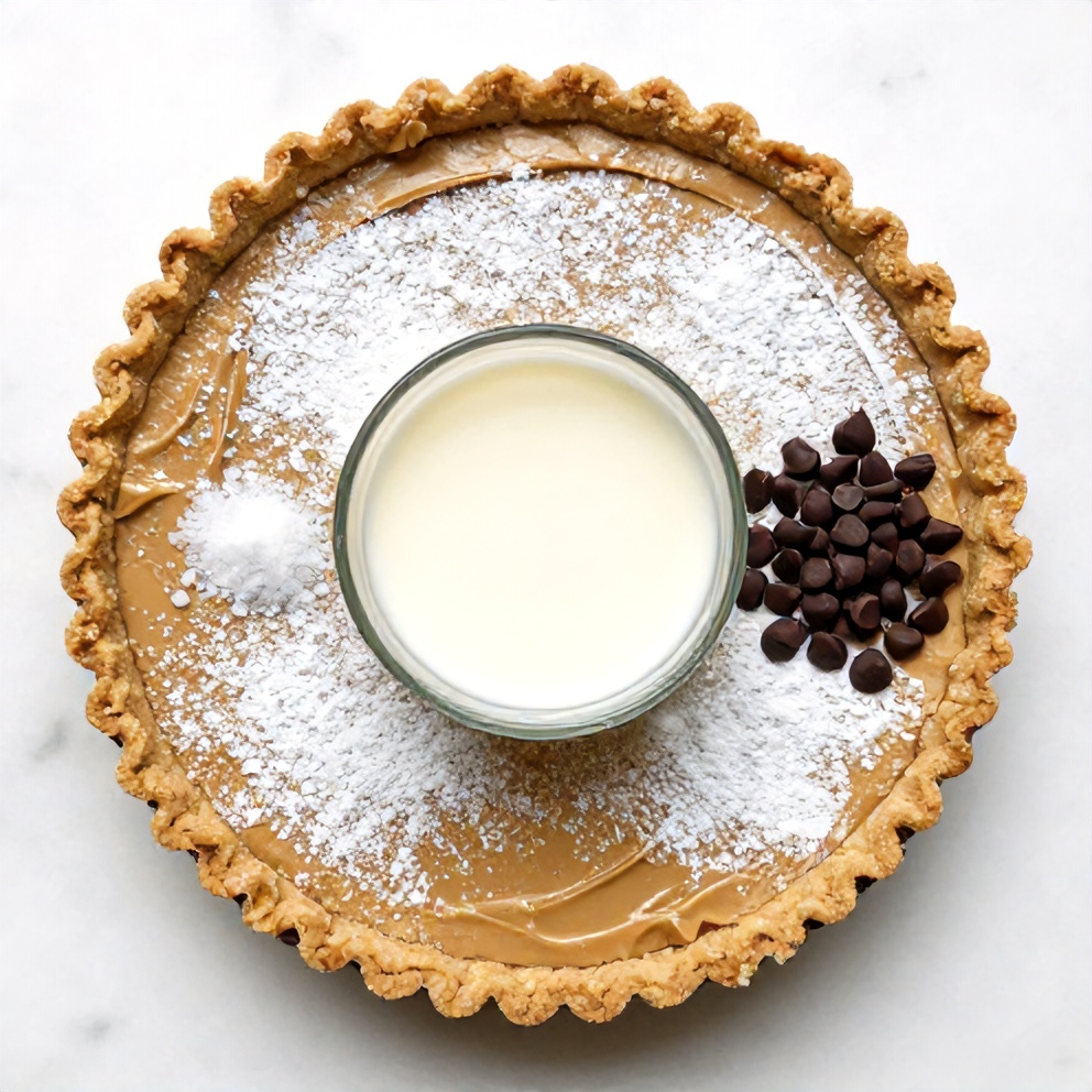 Raw ingredients for No-Bake Chocolate Peanut Butter Pie on a marble surface