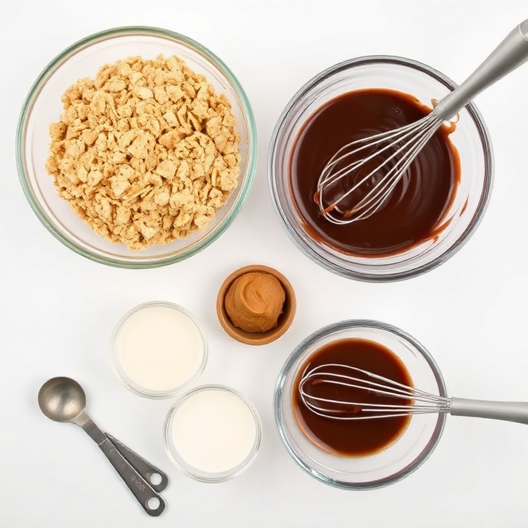 A flat lay of graham cracker crumbs, peanut butter, melted chocolate, condensed milk, and a whisk for mixing.
