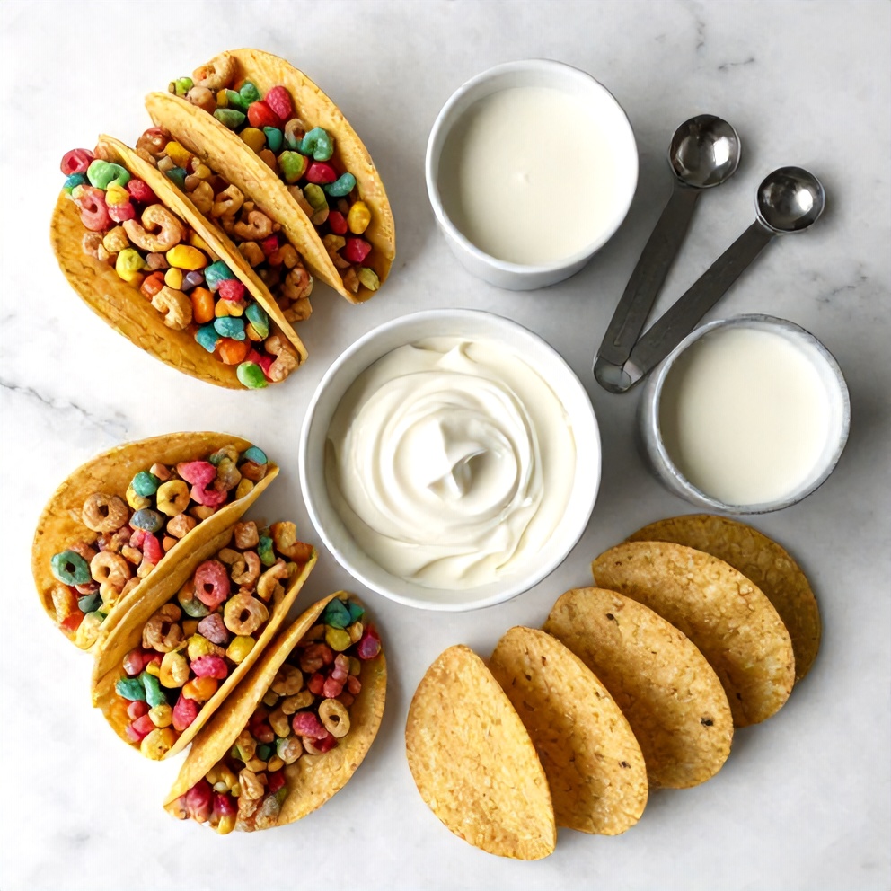 Raw ingredients for No-Bake Fruity Pebbles Cheesecake Tacos