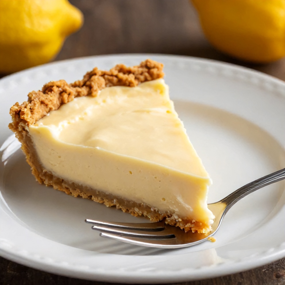 Sliced no bake lemon pie on a white plate with a fork