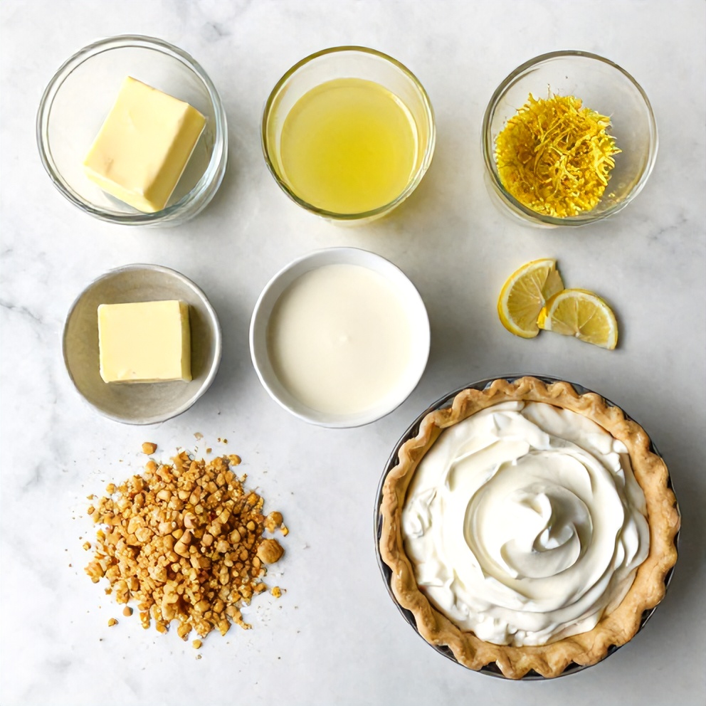 Graham cracker crumbs, butter, lemon juice, lemon zest, sweetened condensed milk, heavy cream, and a pie dish