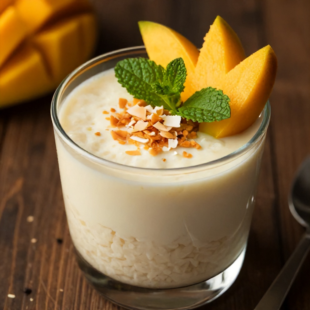 No-Bake Mango Coconut Rice Pudding garnished with fresh mango and toasted coconut