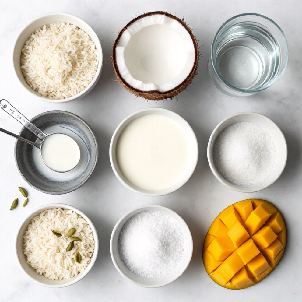 Raw ingredients for No-Bake Mango Coconut Rice Pudding on a wooden surface