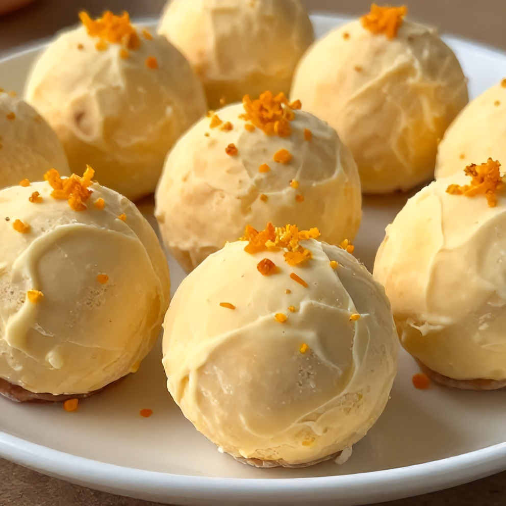 Plated No Bake Orange Creamsicle Truffles with a sprinkle of orange zest