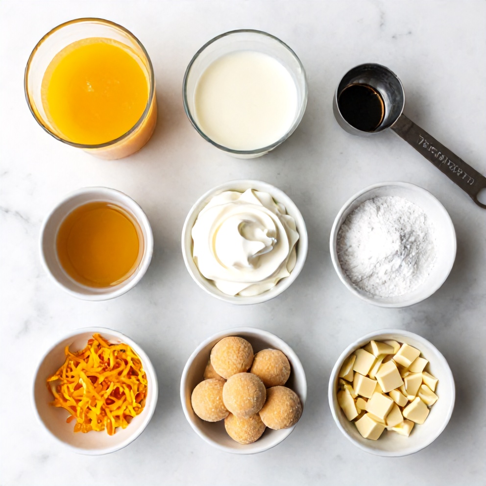 Orange Creamsicle Truffles ingredients on a white marble surface