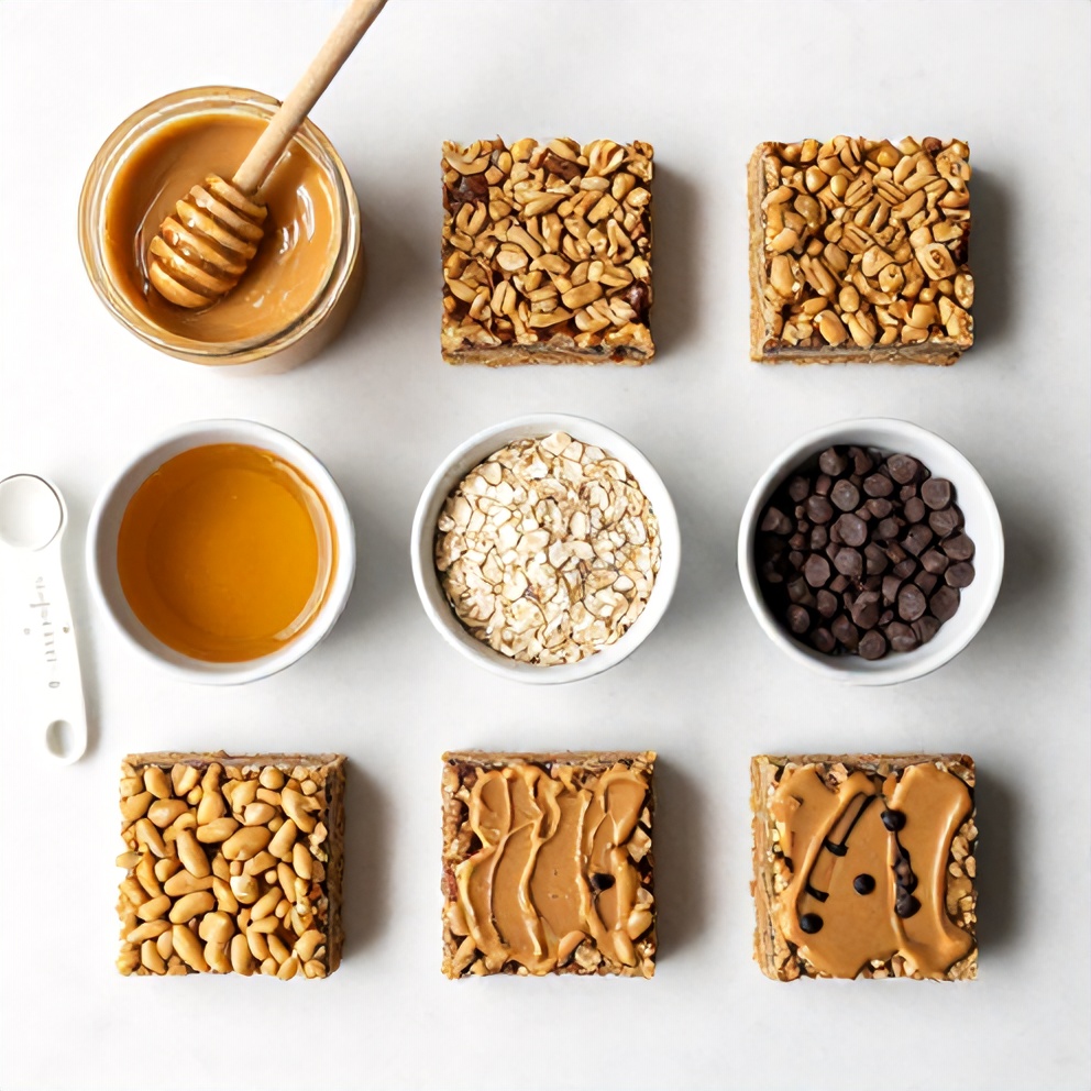 Ingredients for No-Bake Peanut Butter Oat Bars on a white marble surface