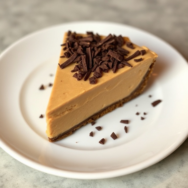 A perfectly plated slice of no-bake peanut butter pie. Topped with chocolate shavings. A white ceramic plate with a subtle pattern. Warm lighting highlights the texture.