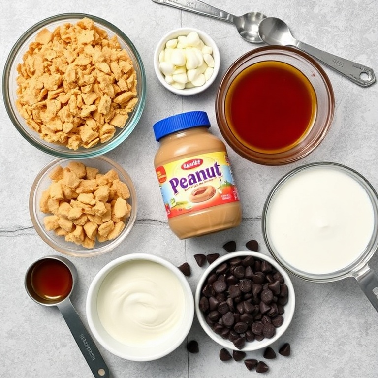All the raw ingredients for no-bake peanut butter pie. Graham cracker crumbs, peanut butter, condensed milk, vanilla extract, and chocolate chips arranged in a flat lay. Measuring cups and spoons nearby.