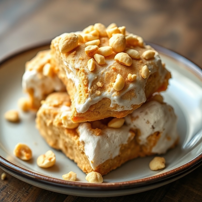One perfect serving of no-bake peanut marshmallow clusters. Topped with crushed peanuts. Close crop. Warm side lighting showing texture. Plate with dark rim fills 90% of the frame. Photorealistic food photography. No text. No watermark.
