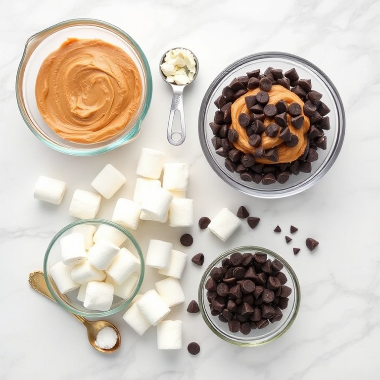 Overhead flat lay of raw ingredients for no-bake peanut marshmallow clusters. Peanut butter, marshmallows, and chocolate chips are the most visually prominent. Prep bowls and measuring spoons visible. White marble surface. Bright even light. Photorealistic food photography. No text. No watermark.