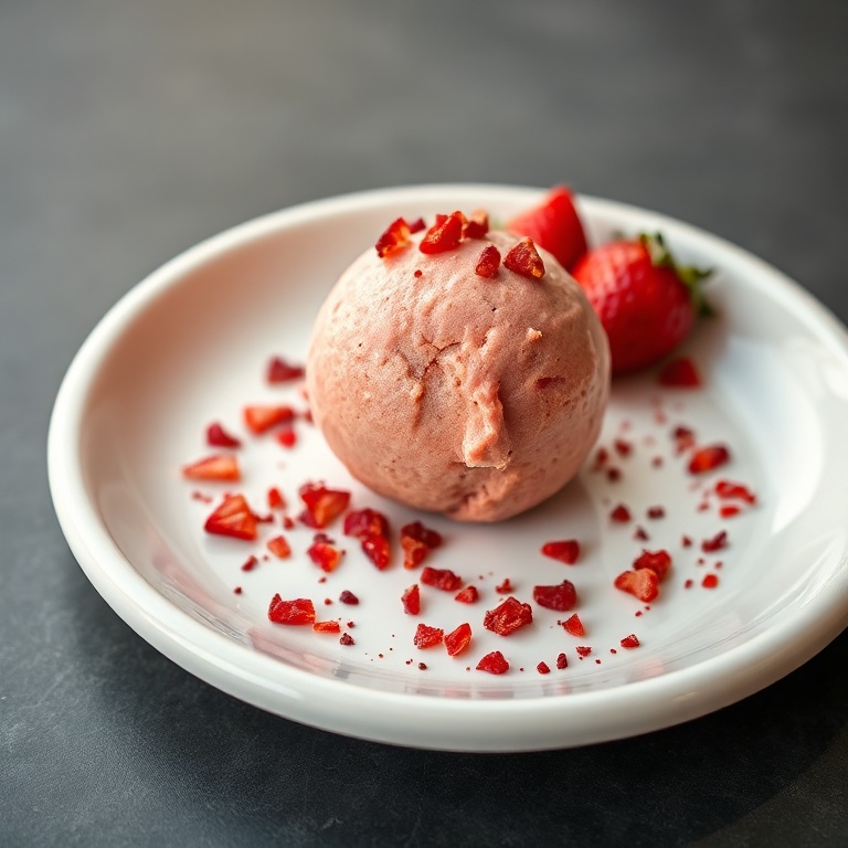 One plated no-bake protein strawberry ball on a small white plate, garnished with a sprinkle of crushed freeze-dried strawberries, close crop, soft golden light.
