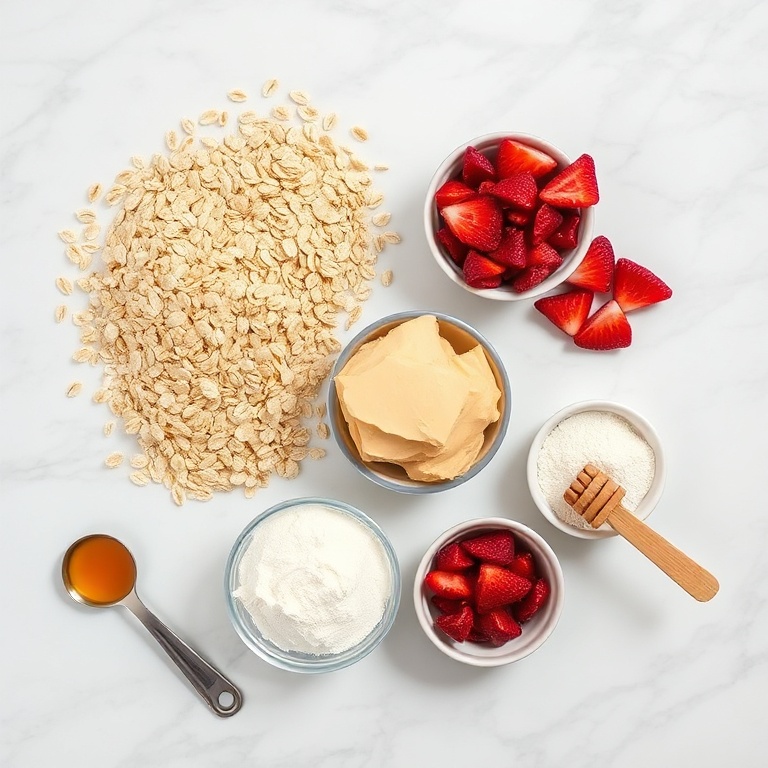 Overhead shot of rolled oats, chopped freeze-dried strawberries, creamy nut butter, vanilla protein powder, and honey in bowls for protein strawberry balls.
