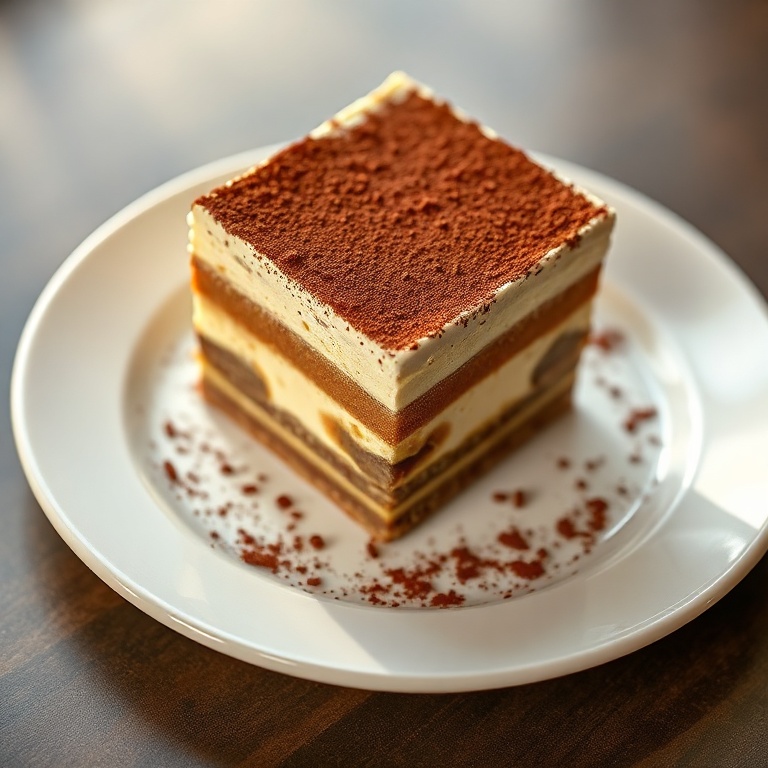Perfectly plated no-bake tiramisu. Topped with cocoa powder. Served on a white ceramic plate. Warm lighting highlights texture. Photorealistic food photography.
