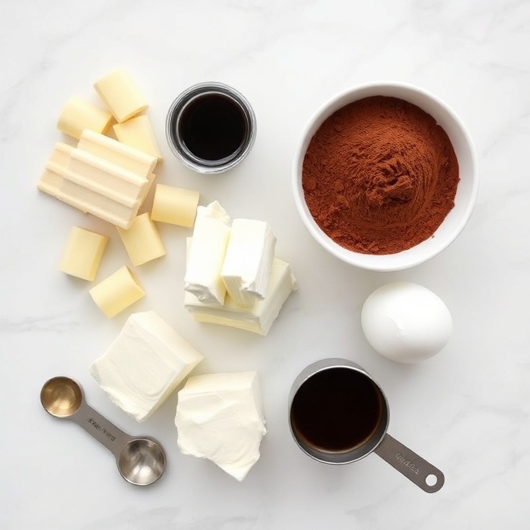 Raw ingredients for no-bake tiramisu. Ladyfingers, mascarpone, coffee, cocoa powder, and eggs arranged in an overhead flat lay. Measuring spoons and cups visible. White marble surface. Bright even light.