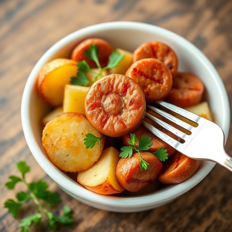 One plated serving of sausage and potatoes garnished with fresh parsley on a white shallow bowl, textures of crispy potato edges and caramelized sausage shown in close crop with warm lighting.