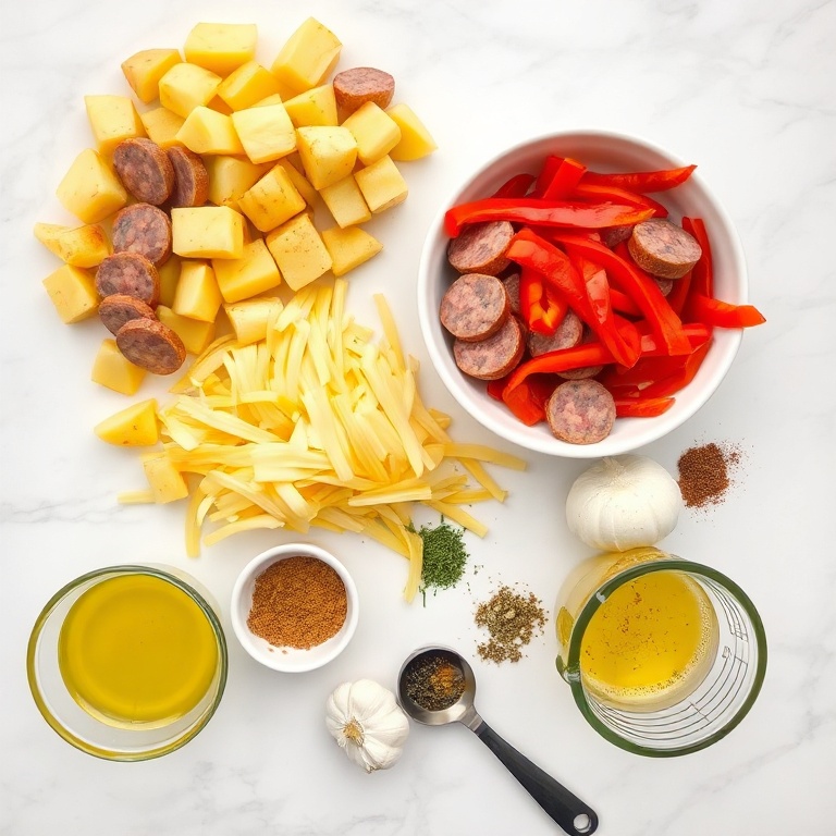 Overhead flat lay of raw sliced sausage, baby potatoes, red bell pepper, yellow onion, olive oil, garlic, herbs, and small prep bowls on a white marble surface with measuring spoons and cups visible.