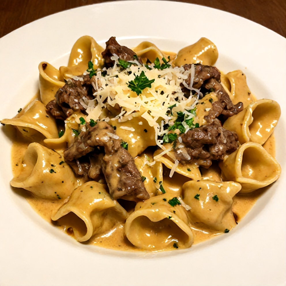 Beef Stroganoff Tortellini on a Plate