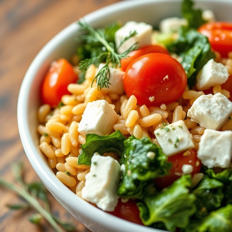 A single bowl of easy orzo kale salad topped with feta and fresh dill on a white ceramic bowl. Salad glistens with lemon vinaigrette.