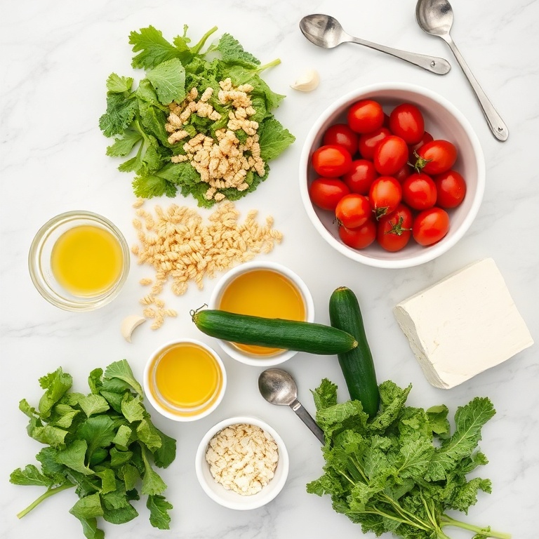 All raw ingredients for easy orzo kale salad arranged overhead: kale, orzo, cherry tomatoes, cucumber, feta, lemon. Small bowls hold olive oil and garlic. Measuring cups and spoons visible.