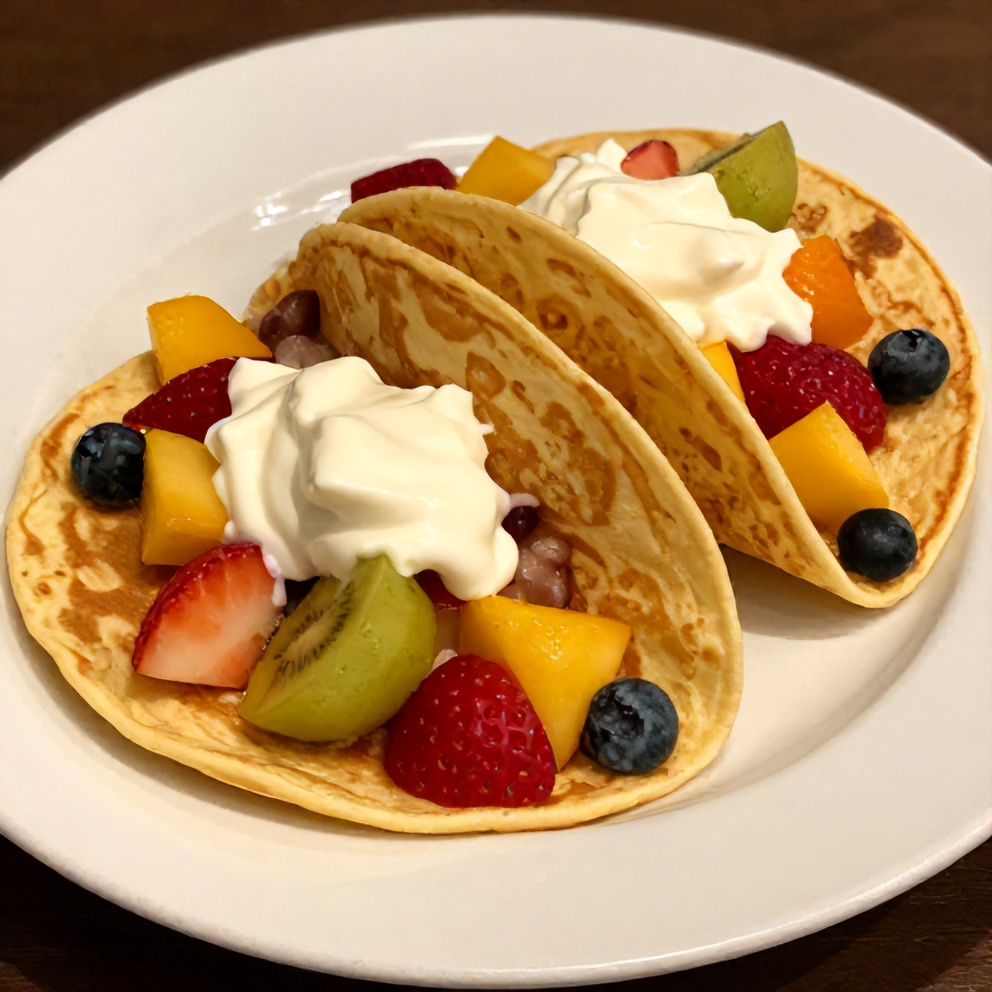 Plated serving of easy pancake tacos with fresh fruit and whipped cream