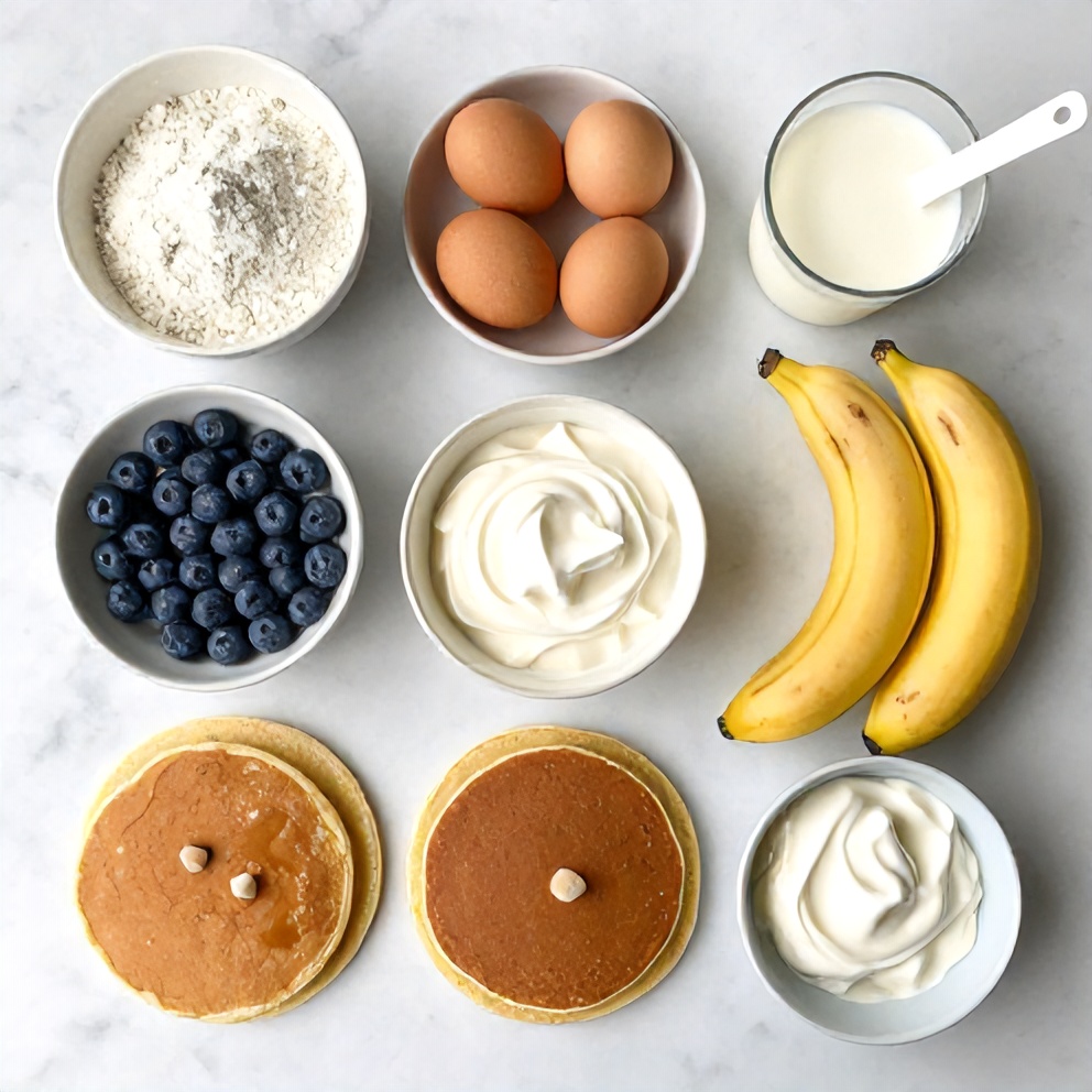 Raw ingredients for easy pancake tacos: flour, eggs, milk, bananas, blueberries, whipped cream