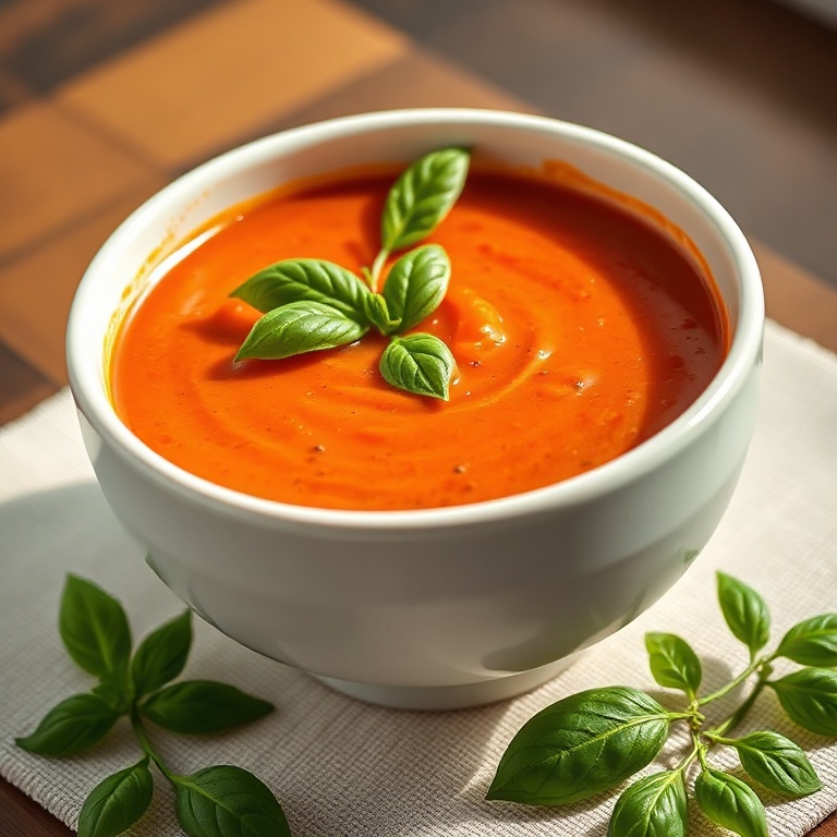 A bowl of creamy tomato soup with a sprinkle of fresh basil. A white ceramic bowl with warm side lighting showing the texture of the soup.