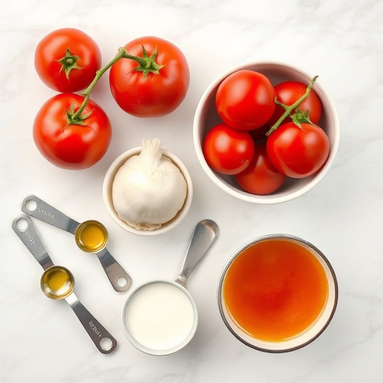 Raw ingredients for tomato soup: fresh tomatoes, onion, garlic, olive oil, and heavy cream. Measuring spoons and bowls visible. White marble surface with bright even light.