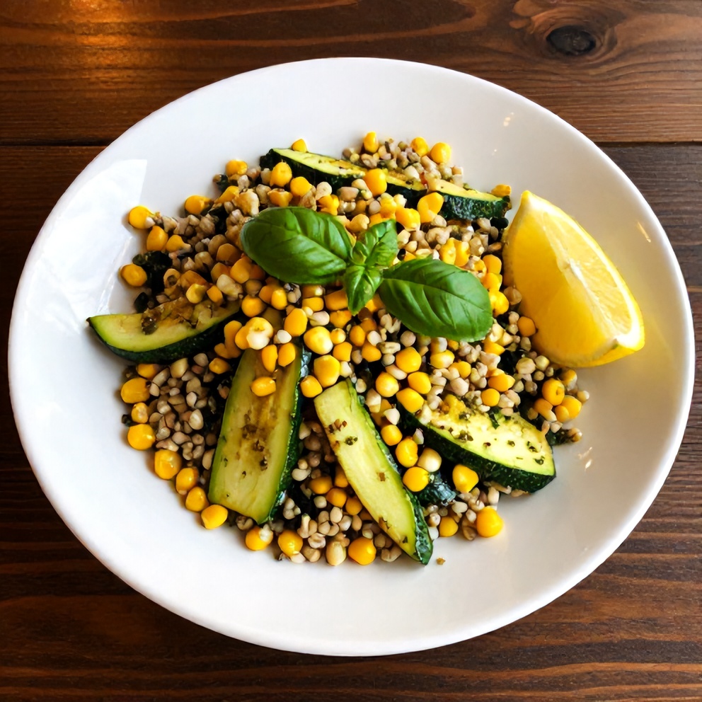 Pesto Zucchini Corn Quinoa Salad plated with a lemon wedge