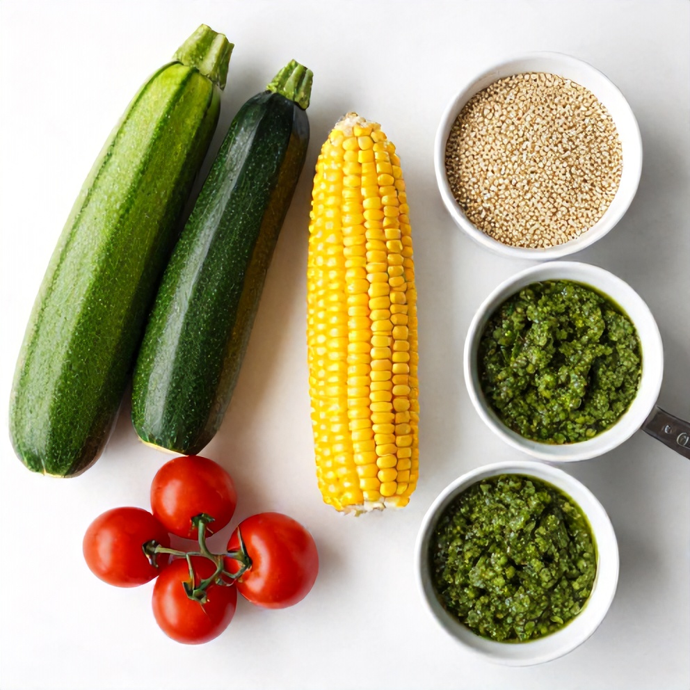 Raw ingredients for Pesto Zucchini Corn Quinoa Salad on a wooden surface
