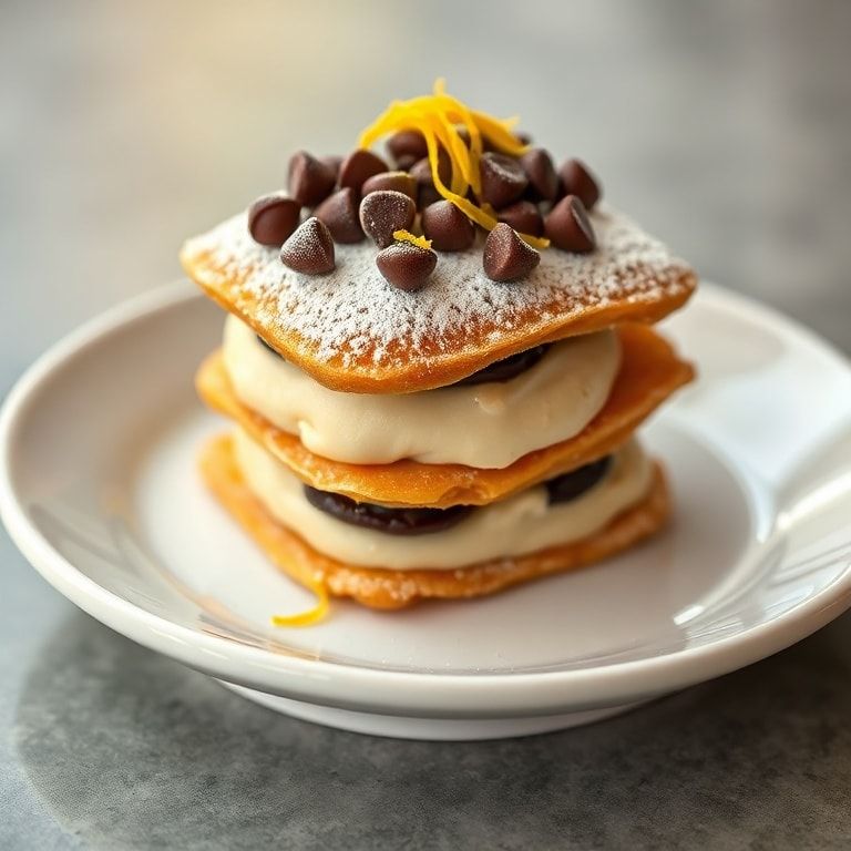 One plated cannoli napoleon with chocolate chips and orange zest garnish, dusted with powdered sugar, close-up on a white dessert plate.
