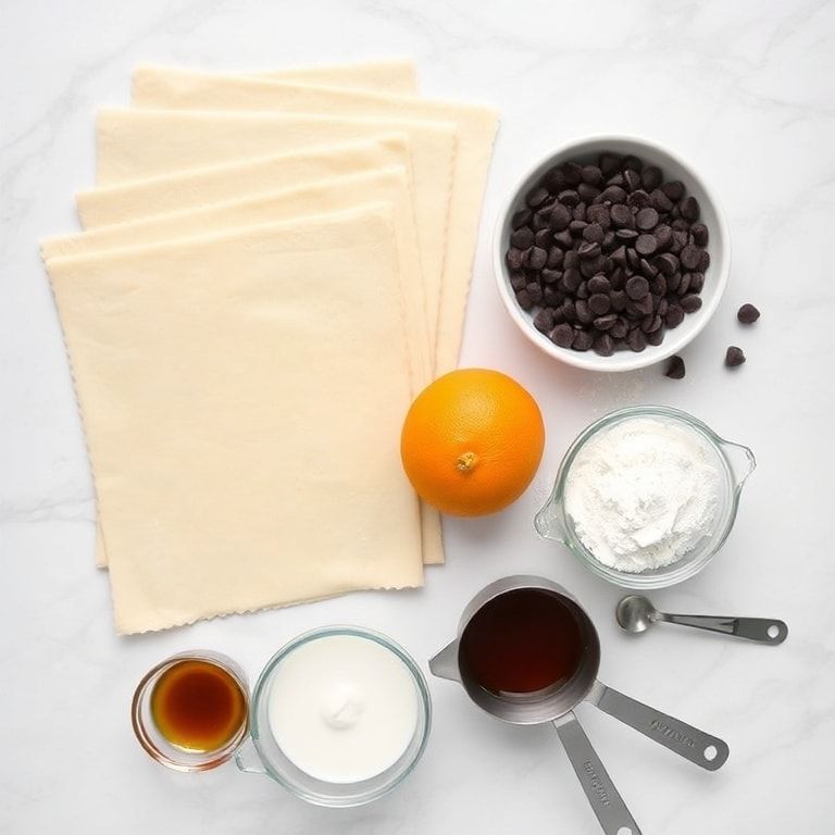 Overhead shot of raw puff pastry sheets, ricotta cheese, powdered sugar, chocolate chips, and heavy cream arranged with measuring cups and spoons.