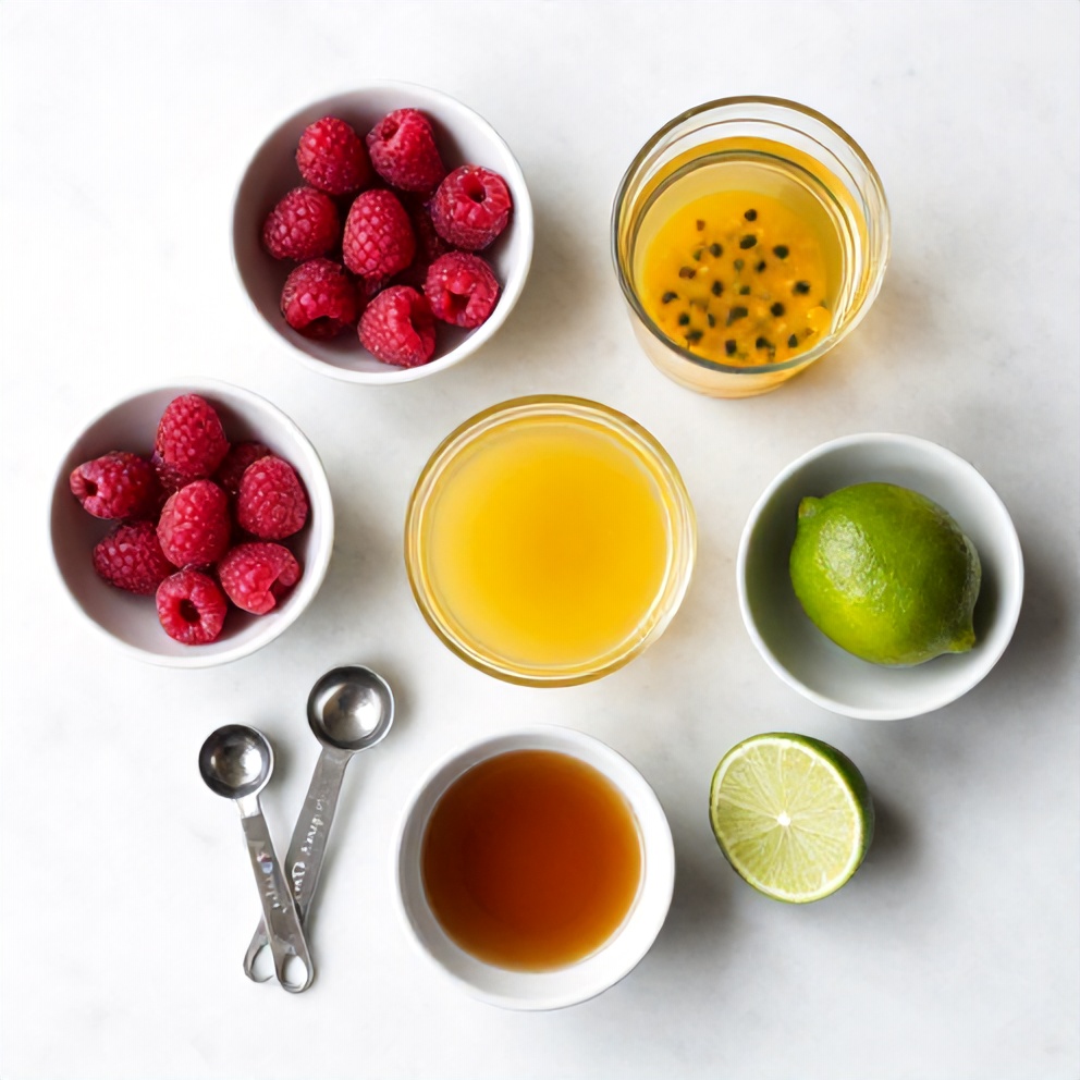 Raspberry, passionfruit, tequila, lime, and simple syrup ingredients