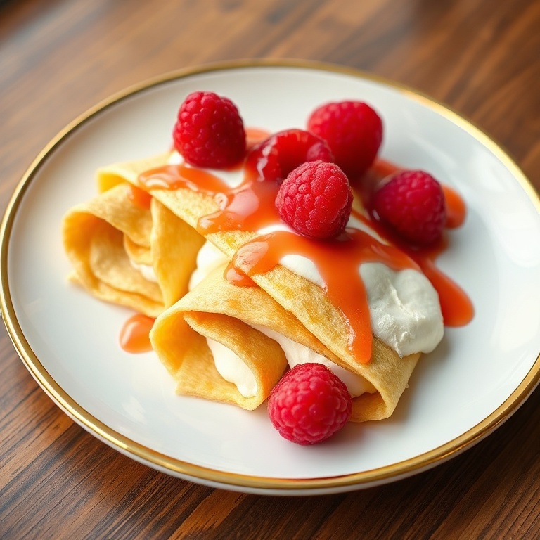 One perfect plated serving of Raspberry Vanilla Cream Crepes. Fresh raspberries and a drizzle of sauce on top. A white ceramic plate with a golden edge. Warm side lighting showing texture. Photorealistic food photography, no text, no watermark.