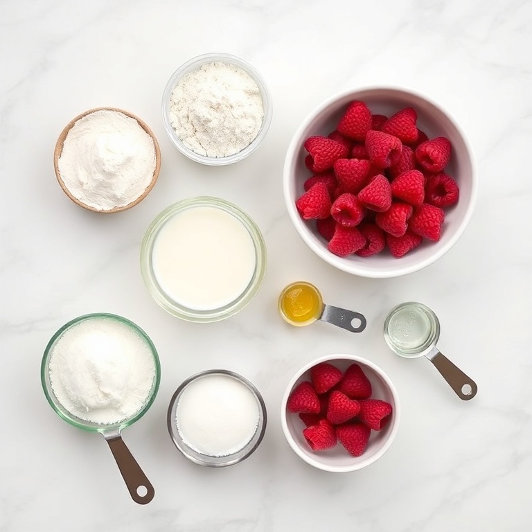Overhead flat lay of the raw ingredients for Raspberry Vanilla Cream Crepes. Flour, eggs, milk, sugar, and fresh raspberries are the most visually prominent. Prep bowls, measuring spoons, and cups visible. White marble surface. Bright even light. Photorealistic overhead food photography, no text, no watermark.
