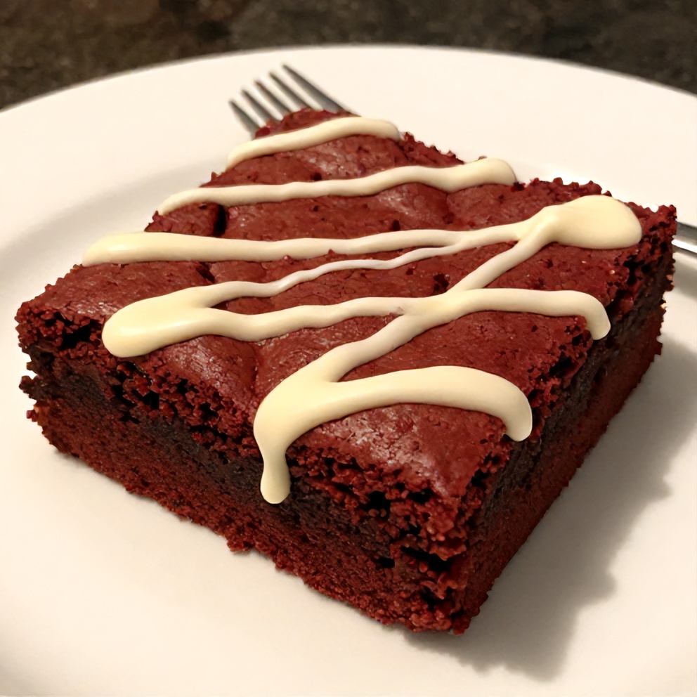 Red velvet brownie with white chocolate drizzle on a white plate