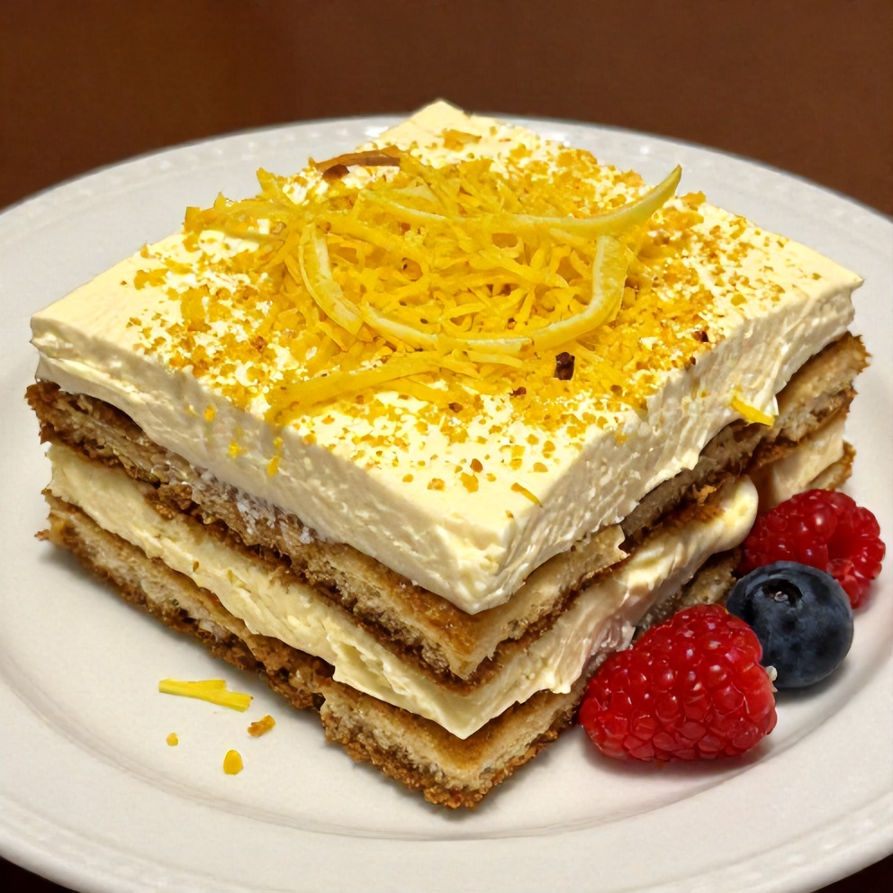Plated Lemon Tiramisu with lemon zest and fresh berries