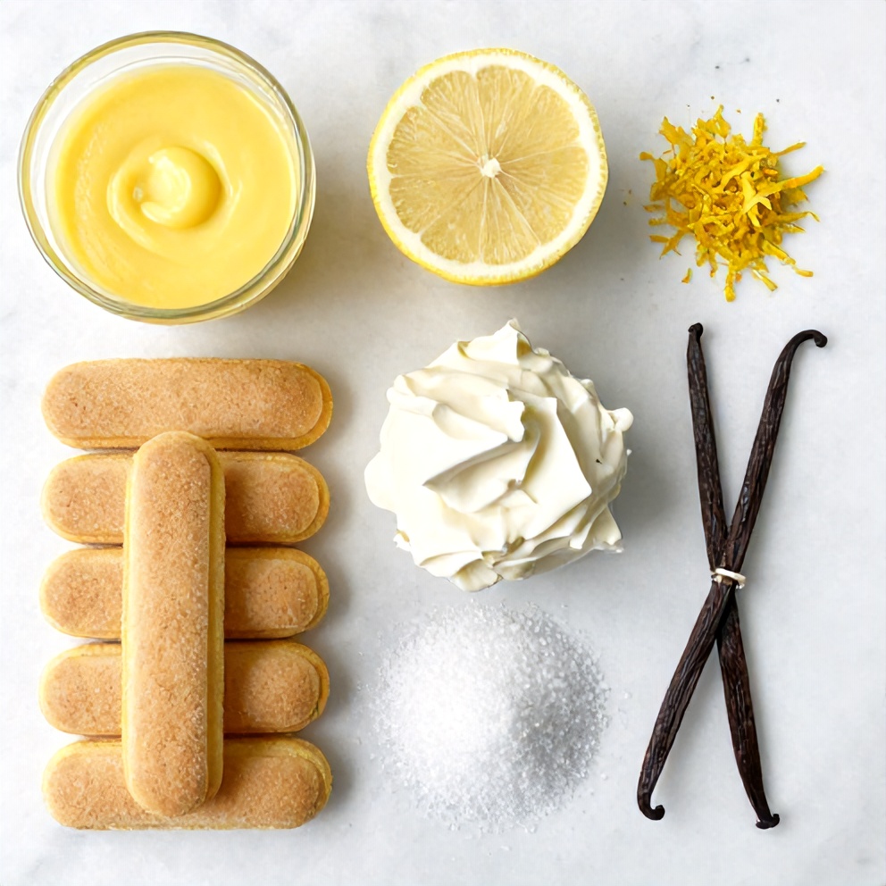 Lemon Tiramisu ingredients: ladyfingers, lemon curd, mascarpone, heavy cream, sugar, lemon zest