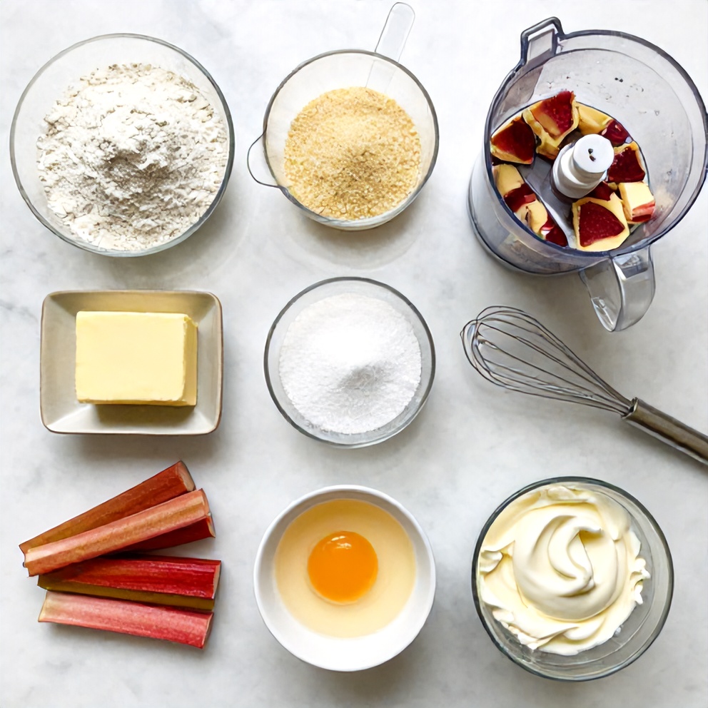 Ingredients for Easy Rhubarb Cream Cheese Bars on a marble surface
