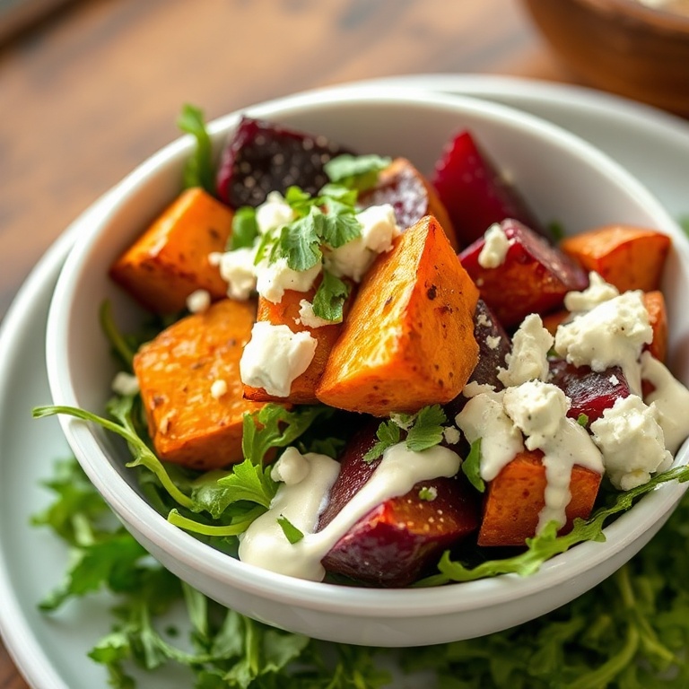 Plated serving of roasted beet and sweet potato salad with feta and chopped fresh parsley in a shallow white bowl, close-up on texture.