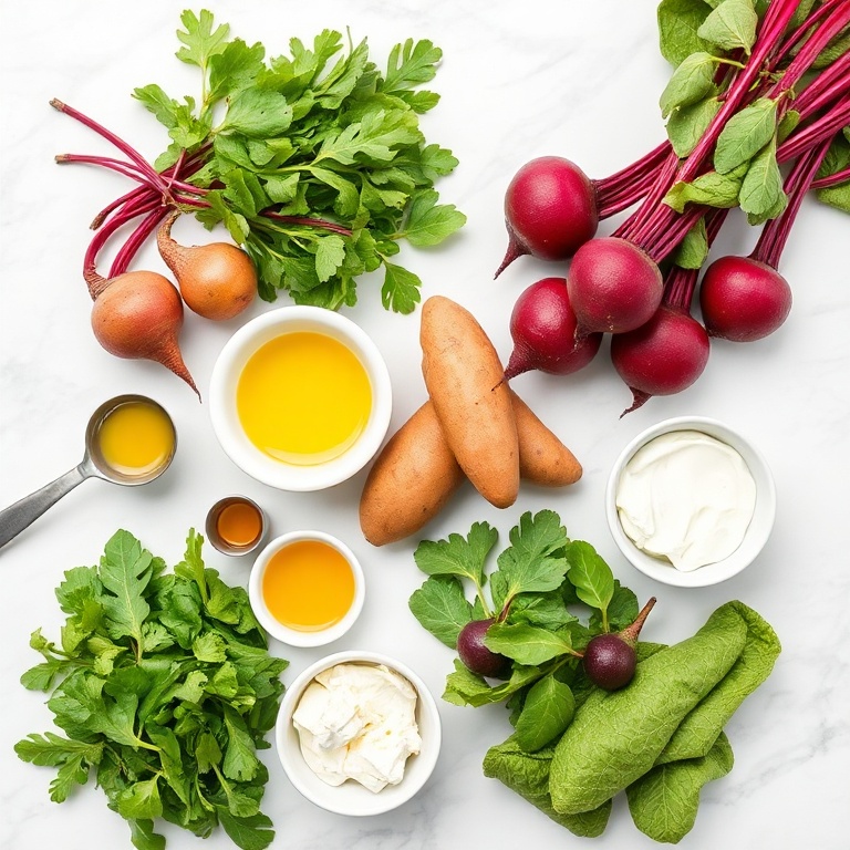 Overhead shot of raw beets, sweet potatoes, arugula, creamy dressing ingredients, and feta with measuring spoons on a bright marble surface.