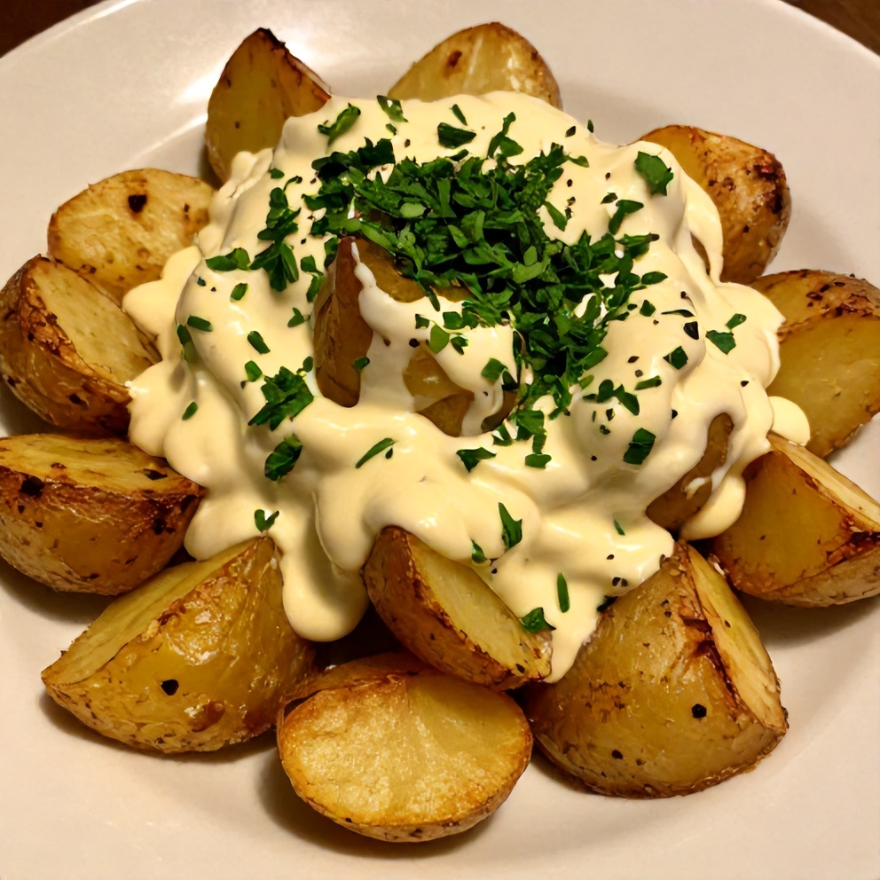 Plated roasted potato salad with fresh herbs and mustard dressing
