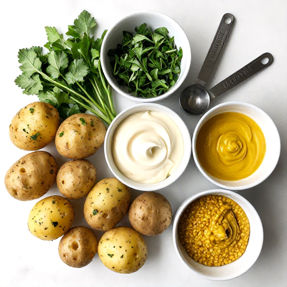 Raw ingredients for roasted potato salad with fresh herbs and mustard dressing