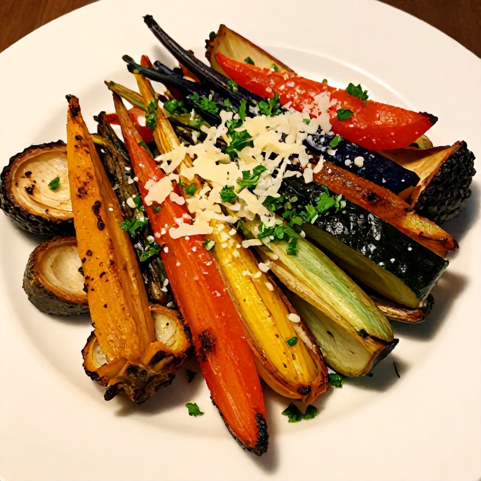Plated Easy Roasted Rainbow Vegetables with Fresh Herbs