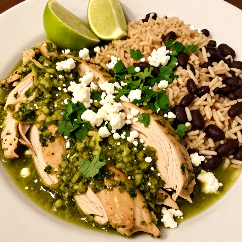 Plate of Easy Salsa Verde Chicken with a side of rice and beans