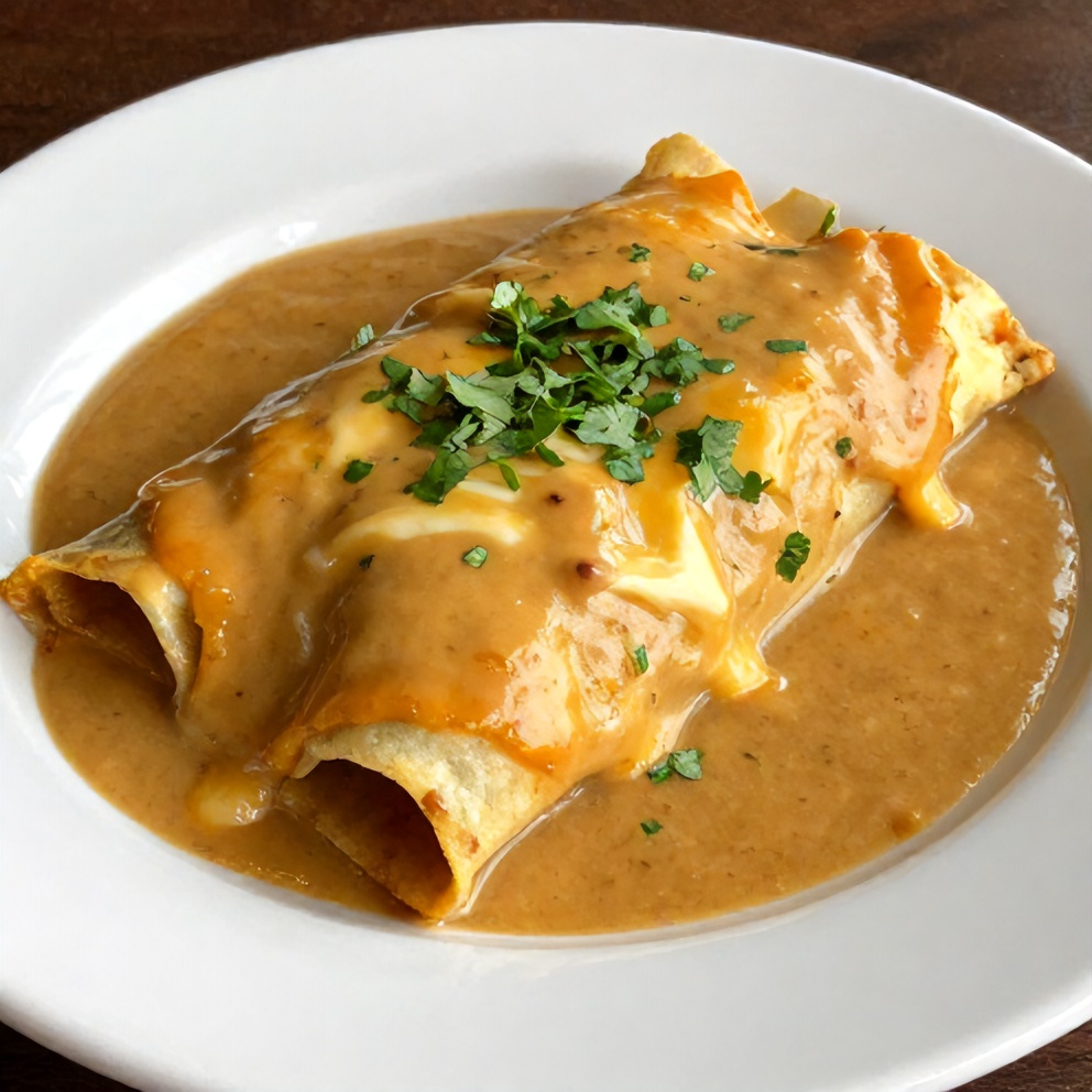 Plated Sausage Gravy Enchiladas