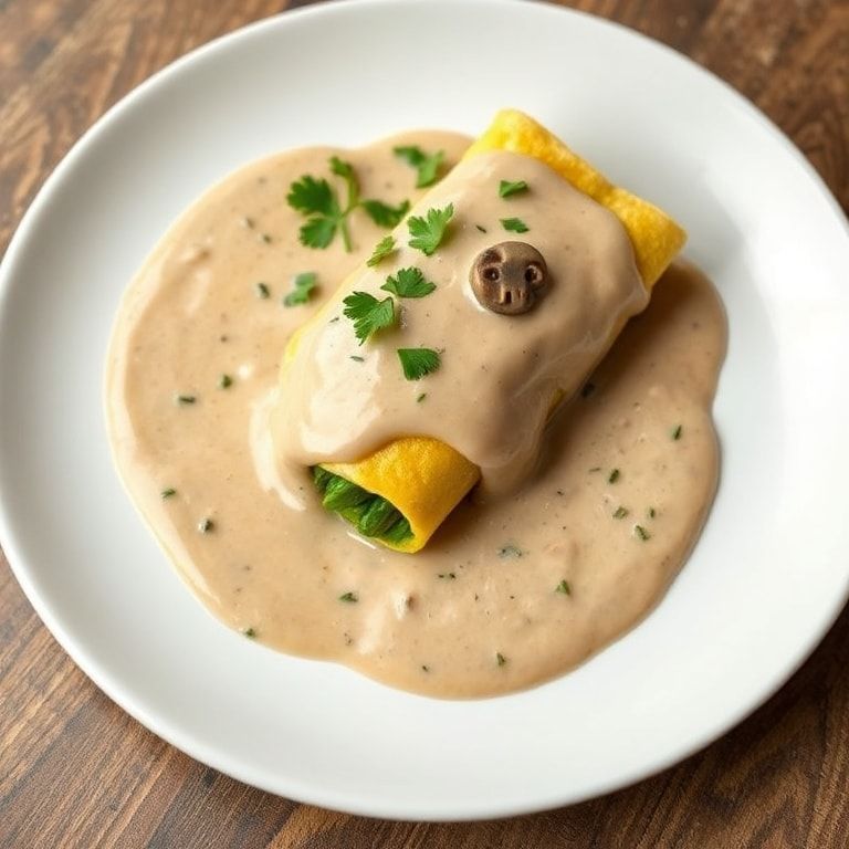One serving of savory asparagus crepes on a white plate, topped with creamy mushroom sauce and chopped fresh parsley.