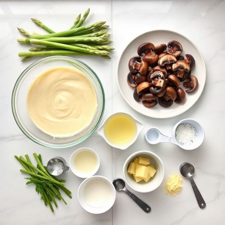 Overhead flat lay with fresh asparagus, crepe batter, mushrooms, cream, and eggs. Measuring spoons, prep bowls, white marble surface.