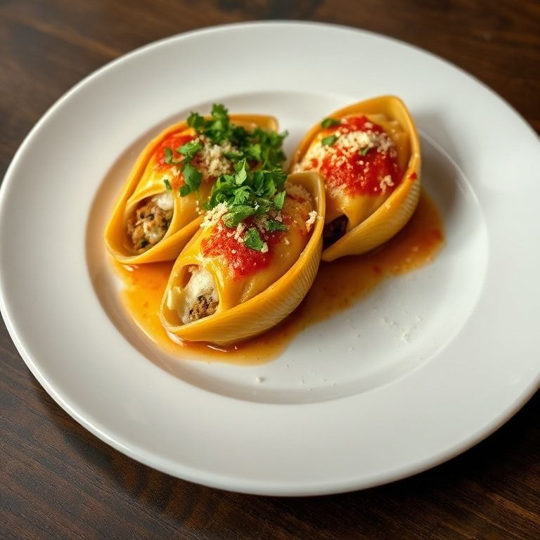 One serving of stuffed shells on a simple white dinner plate, topped with melty parmesan and a sprinkle of chopped fresh parsley, warm side light highlighting the creamy texture.