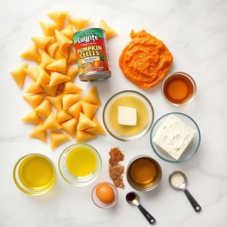 Overhead view of raw jumbo pasta shells, canned pumpkin puree, goat cheese, ricotta cheese, and parmesan arranged on a white marble surface with small prep bowls, measuring spoons, and a metal grater nearby.